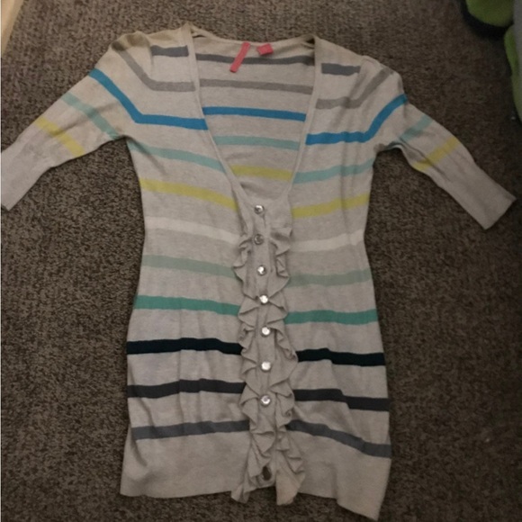 Charlotte button up ruffle cardigan grey with stripes green yellow blue - Picture 4 of 7